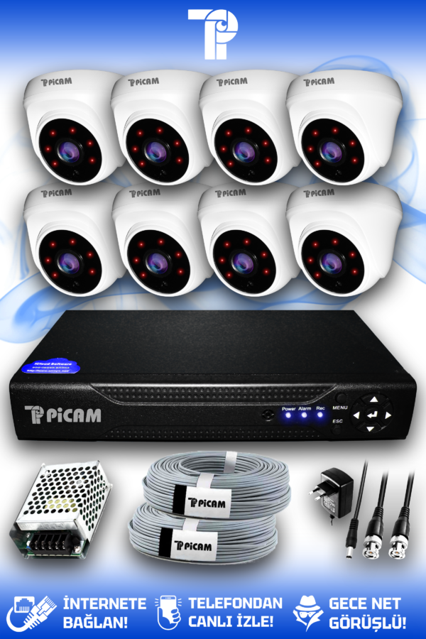 8 Kameralı Dome 8 İç Kamera Set HDD'siz Full HD Gece Görüşlü Güvenlik Kamerası Sistemi
