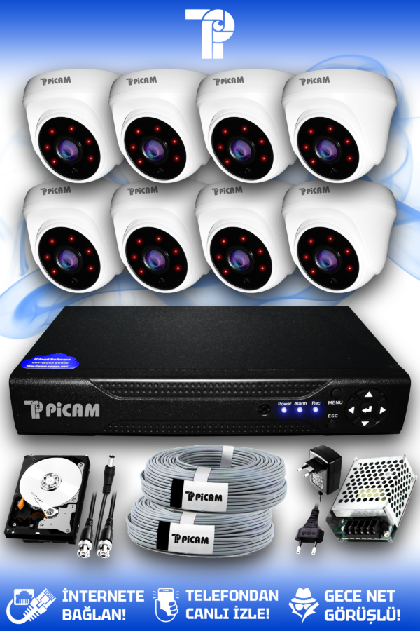 8 Kameralı Dome 8 İç Kamera Set 2 TB HDD Full HD Gece Görüşlü Güvenlik Kamerası Sistemi