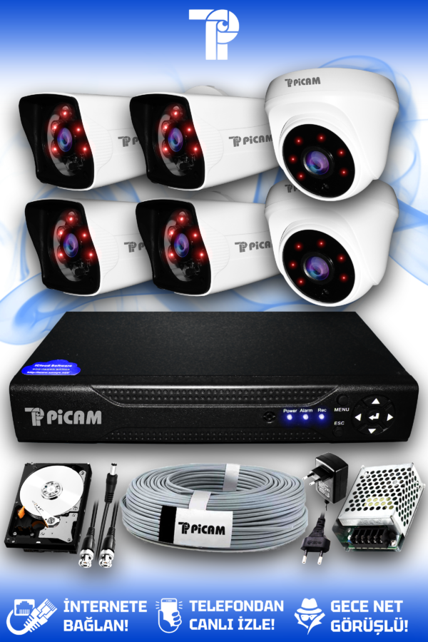 6 Kameralı Kare 2 İç Kamera Set 1 TB HDD Full HD Gece Görüşlü Güvenlik Kamerası Sistemi