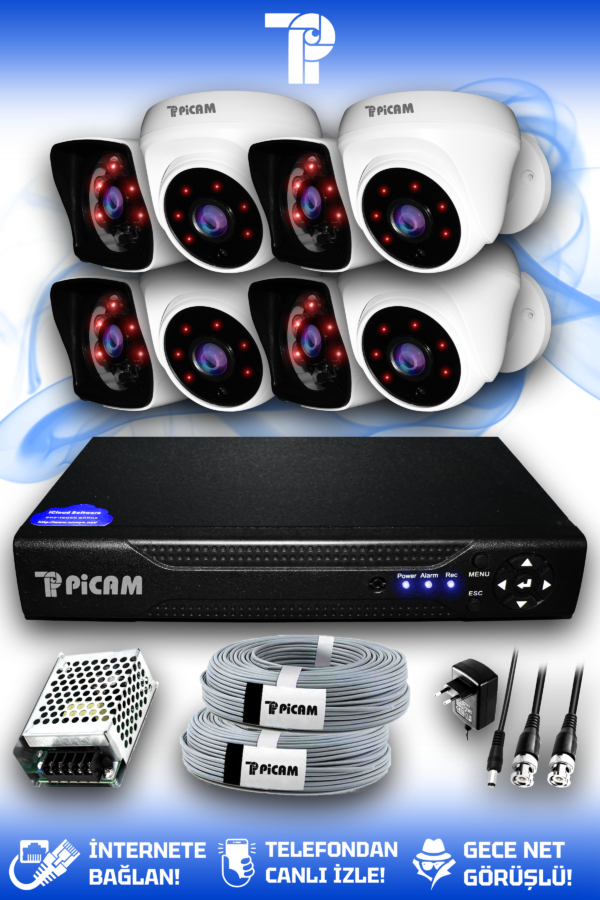 8 Kameralı Kare 4 İç Kamera Set HDD'siz Full HD Gece Görüşlü Güvenlik Kamerası Sistemi