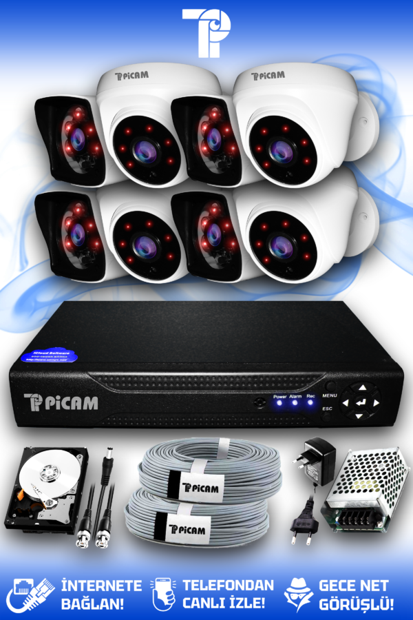 8 Kameralı Kare 4 İç Kamera Set 320 GB HDD Full HD Gece Görüşlü Güvenlik Kamerası Sistemi