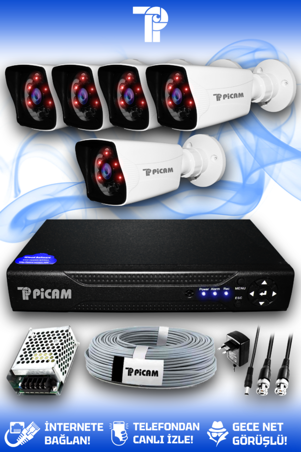 5 Kameralı Kare 5 Dış Kamera Set HDD'siz Full HD Gece Görüşlü Güvenlik Kamerası Sistemi