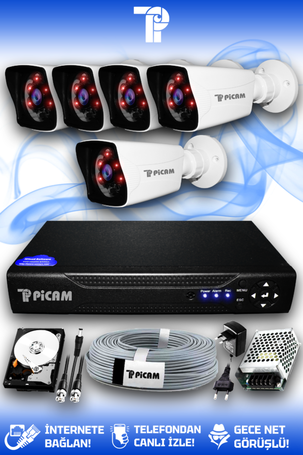 5 Kameralı Kare 5 Dış Kamera Set 320 GB HDD Full HD Gece Görüşlü Güvenlik Kamerası Sistemi