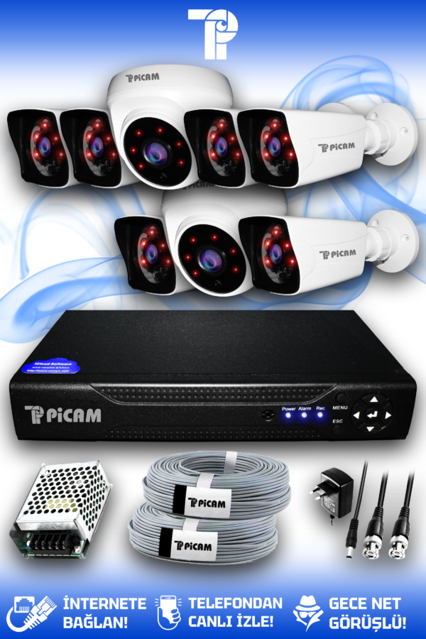 8 Kameralı Kare 2 İç Kamera Set HDD'siz Full HD Gece Görüşlü Güvenlik Kamerası Sistemi