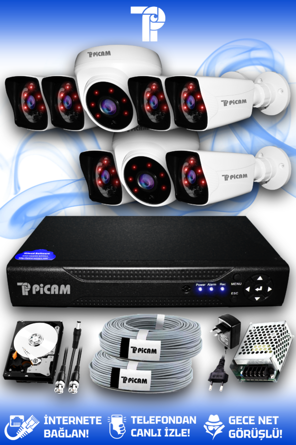 8 Kameralı Kare 2 İç Kamera Set 2 TB HDD Full HD Gece Görüşlü Güvenlik Kamerası Sistemi
