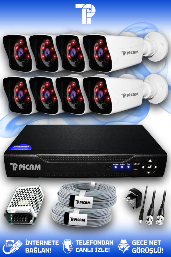 8 Kameralı Kare 8 Dış Kamera Set HDD'siz Full HD Gece Görüşlü Güvenlik Kamerası Sistemi