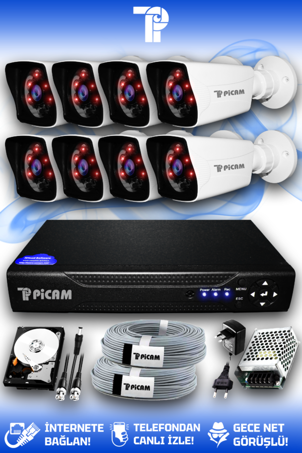 8 Kameralı Kare 8 Dış Kamera Set 320 GB HDD Full HD Gece Görüşlü Güvenlik Kamerası Sistemi