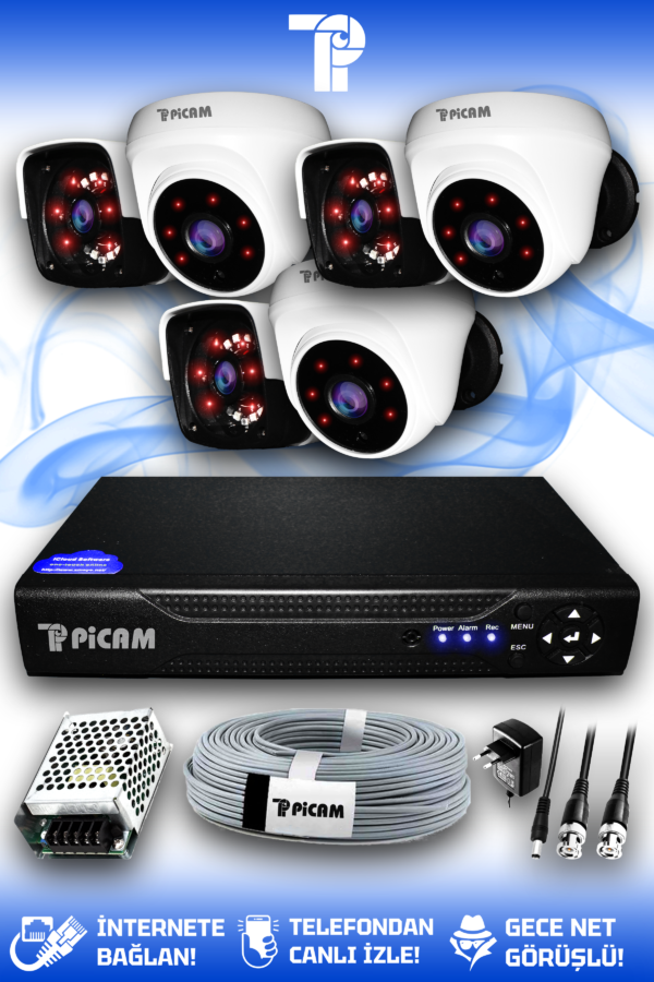 6 Kameralı Panda 3 İç Kamera Set HDD'siz Full HD Gece Görüşlü Güvenlik Kamerası Sistemi