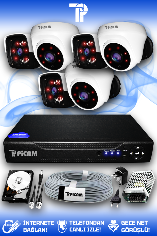 6 Kameralı Panda 3 İç Kamera Set 2 TB HDD Full HD Gece Görüşlü Güvenlik Kamerası Sistemi