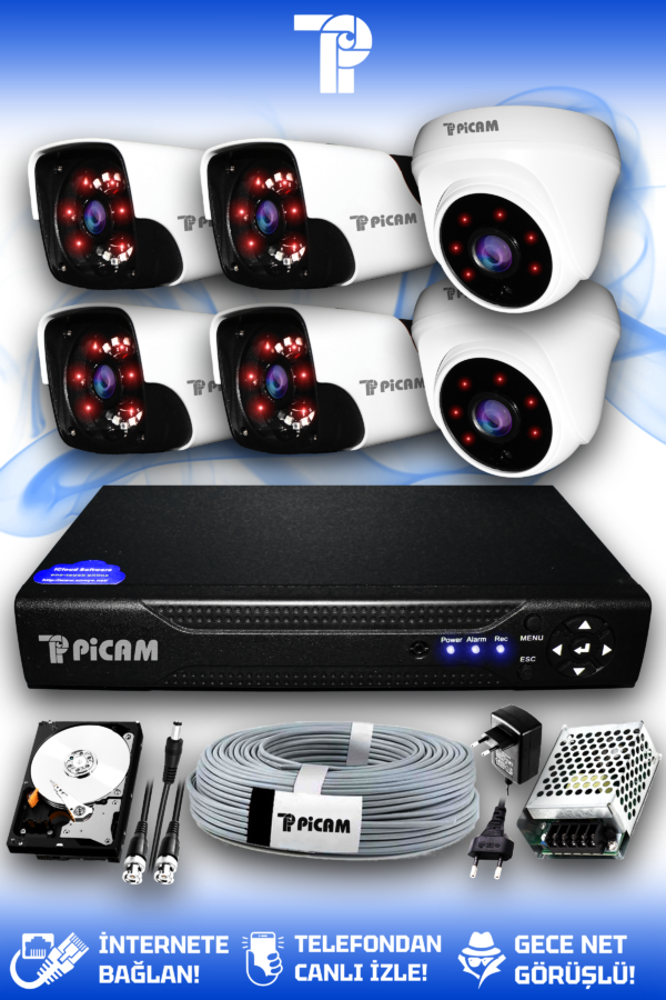 6 Kameralı Panda 2 İç Kamera Set 320 GB HDD Full HD Gece Görüşlü Güvenlik Kamerası Sistemi