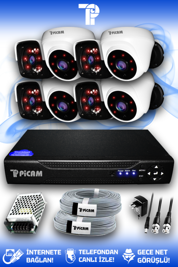 8 Kameralı Panda 4 İç Kamera Set HDD'siz Full HD Gece Görüşlü Güvenlik Kamerası Sistemi