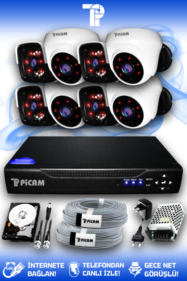 8 Kameralı Panda 4 İç Kamera Set 1 TB HDD Full HD Gece Görüşlü Güvenlik Kamerası Sistemi
