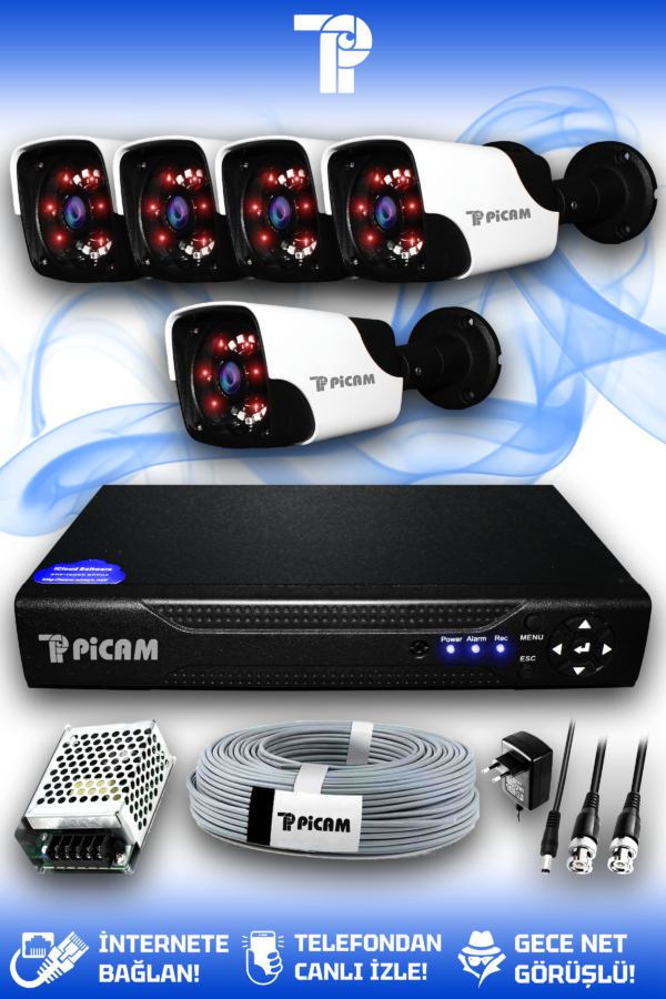 5 Kameralı Panda 5 Dış Kamera Set HDD'siz Full HD Gece Görüşlü Güvenlik Kamerası Sistemi