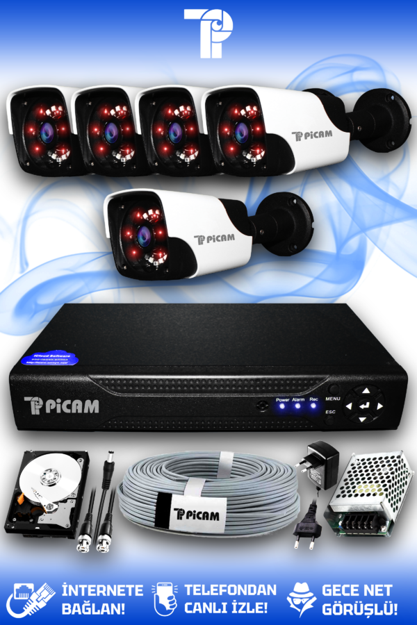 5 Kameralı Panda 5 Dış Kamera Set 320 GB HDD Full HD Gece Görüşlü Güvenlik Kamerası Sistemi