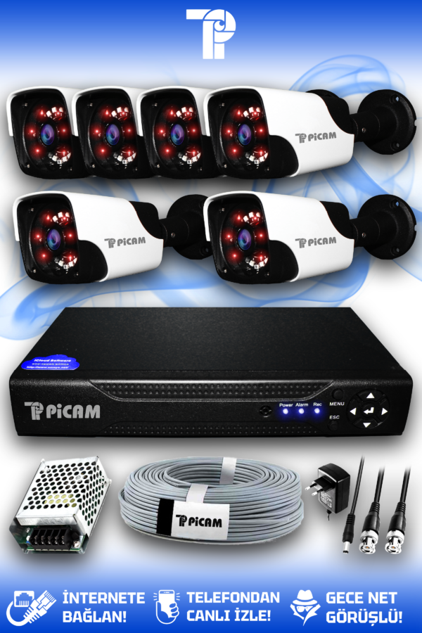 6 Kameralı Panda 6 Dış Kamera Set HDD'siz Full HD Gece Görüşlü Güvenlik Kamerası Sistemi