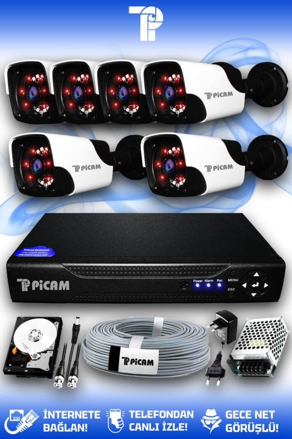 6 Kameralı Panda 6 Dış Kamera Set 2 TB HDD Full HD Gece Görüşlü Güvenlik Kamerası Sistemi