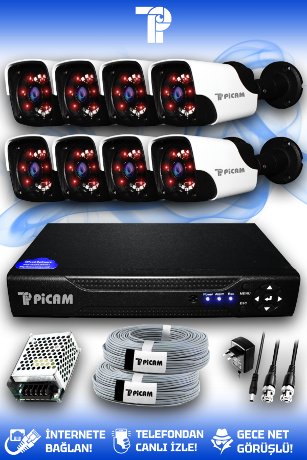 8 Kameralı Panda 8 Dış Kamera Set HDD'siz Full HD Gece Görüşlü Güvenlik Kamerası Sistemi