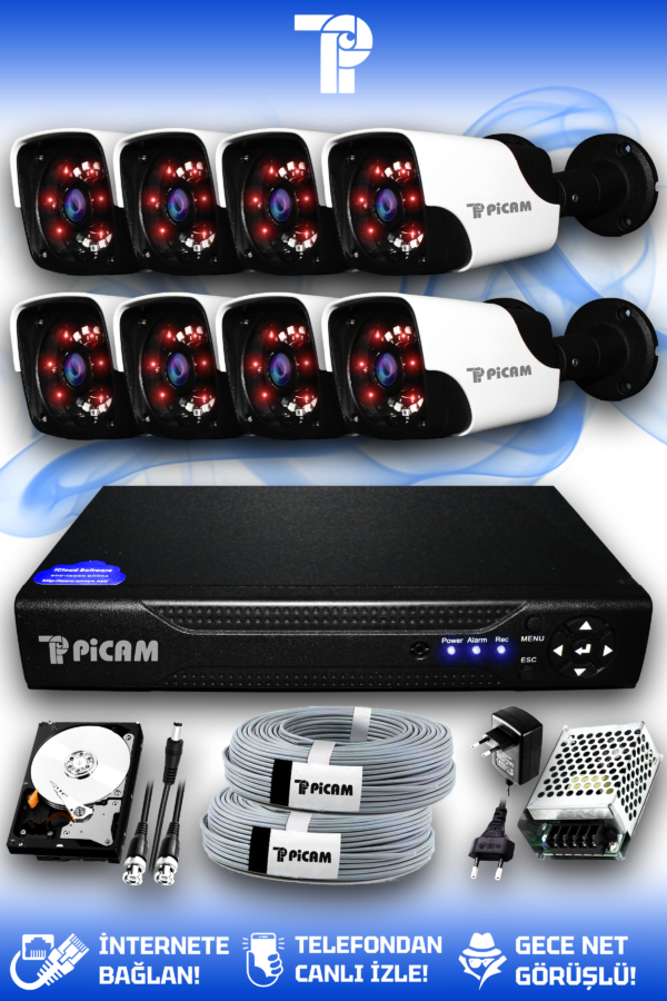 8 Kameralı Panda 8 Dış Kamera Set 2 TB HDD Full HD Gece Görüşlü Güvenlik Kamerası Sistemi