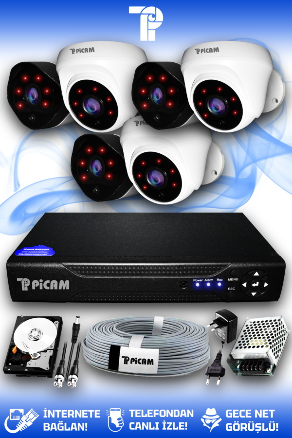 6 Kameralı Uzay 3 İç Kamera Set 2 TB HDD Full HD Gece Görüşlü Güvenlik Kamerası Sistemi