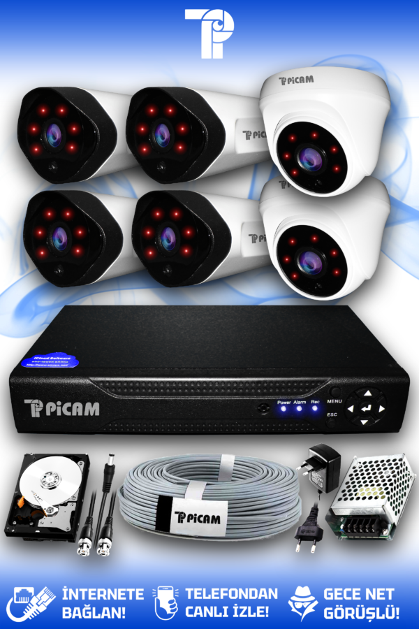 6 Kameralı Uzay 2 İç Kamera Set 1 TB HDD Full HD Gece Görüşlü Güvenlik Kamerası Sistemi