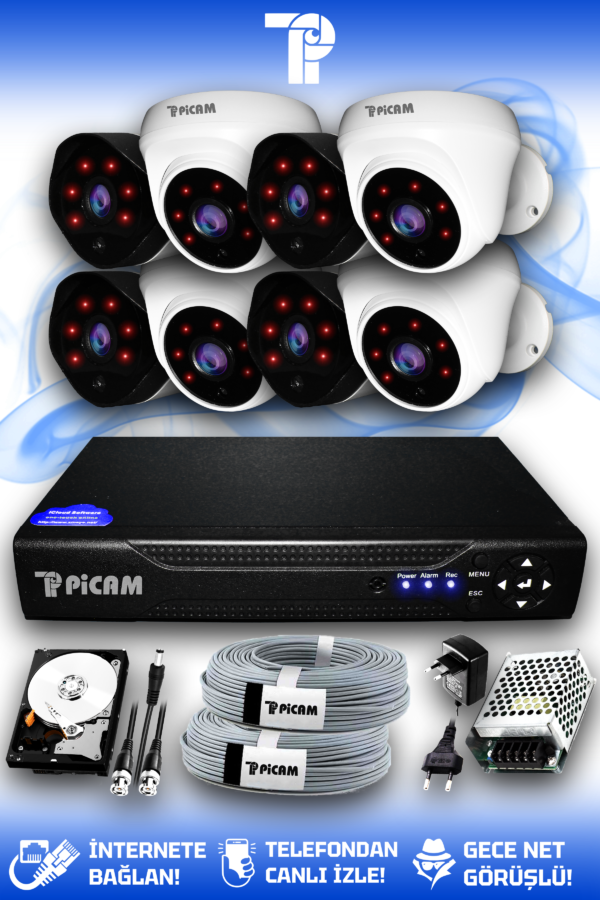 8 Kameralı Uzay 4 İç Kamera Set 1 TB HDD Full HD Gece Görüşlü Güvenlik Kamerası Sistemi