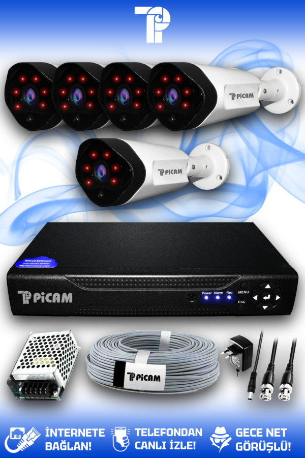 5 Kameralı Uzay 5 Dış Kamera Set HDD'siz Full HD Gece Görüşlü Güvenlik Kamerası Sistemi