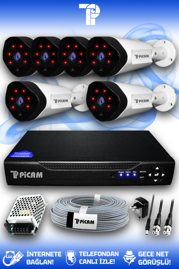 6 Kameralı Uzay 6 Dış Kamera Set HDD'siz Full HD Gece Görüşlü Güvenlik Kamerası Sistemi