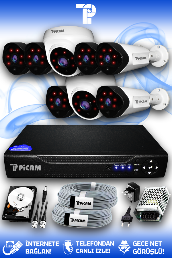 8 Kameralı Uzay 2 İç Kamera Set 1 TB HDD Full HD Gece Görüşlü Güvenlik Kamerası Sistemi