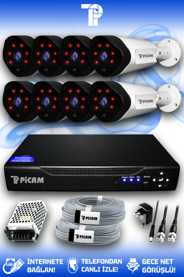 8 Kameralı Uzay 8 Dış Kamera Set HDD'siz Full HD Gece Görüşlü Güvenlik Kamerası Sistemi