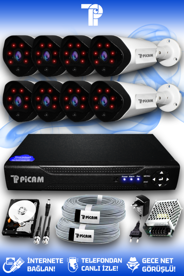 8 Kameralı Uzay 8 Dış Kamera Set 2 TB HDD Full HD Gece Görüşlü Güvenlik Kamerası Sistemi
