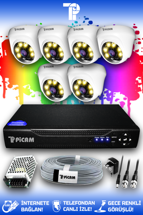 6 Kameralı Dome 6 İç Kamera Set HDD'siz Full HD Renkli Gece Görüşlü Güvenlik Kamerası Sistemi