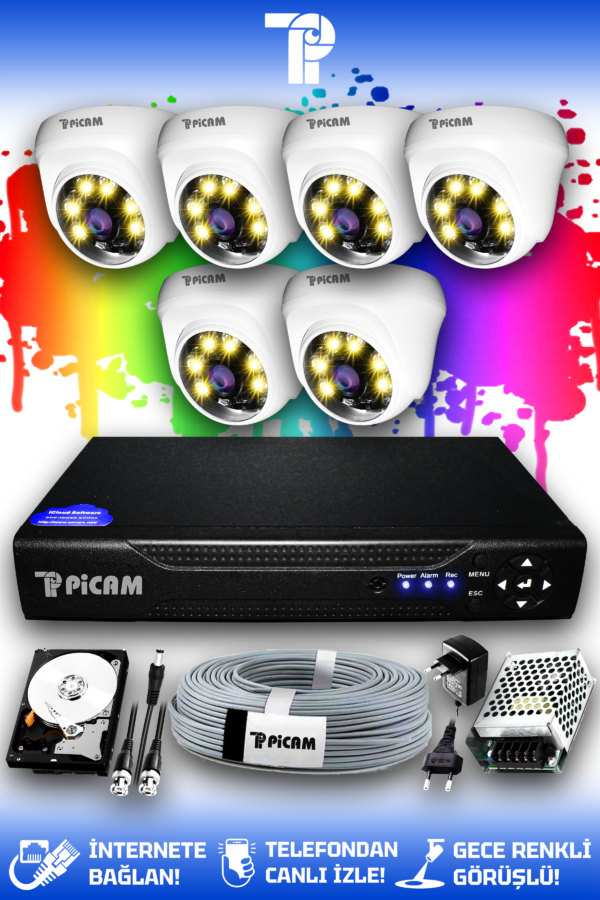 6 Kameralı Dome 6 İç Kamera Set 1 TB HDD Full HD Renkli Gece Görüşlü Güvenlik Kamerası Sistemi