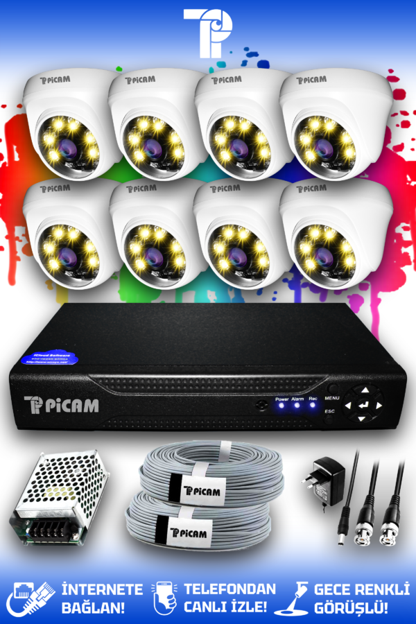 8 Kameralı Dome 8 İç Kamera Set HDD'siz Full HD Renkli Gece Görüşlü Güvenlik Kamerası Sistemi