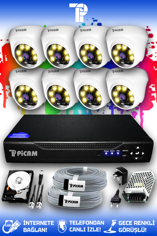 8 Kameralı Dome 8 İç Kamera Set 2 TB HDD Full HD Renkli Gece Görüşlü Güvenlik Kamerası Sistemi