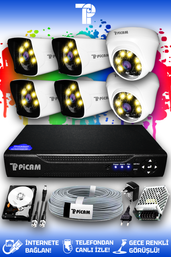 6 Kameralı Kare 2 İç Kamera Set 320 GB HDD Full HD Renkli Gece Görüşlü Güvenlik Kamerası Sistemi