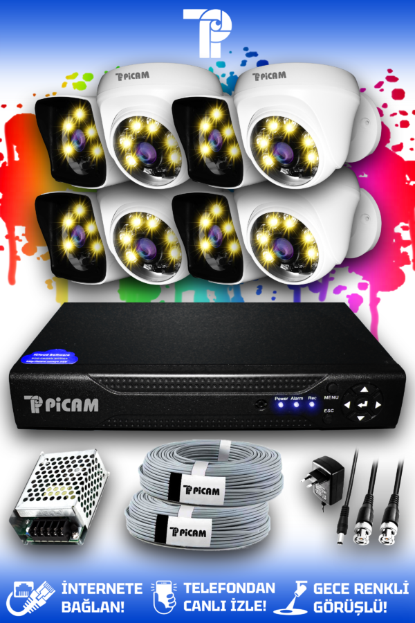 8 Kameralı Kare 4 İç Kamera Set HDD'siz Full HD Renkli Gece Görüşlü Güvenlik Kamerası Sistemi