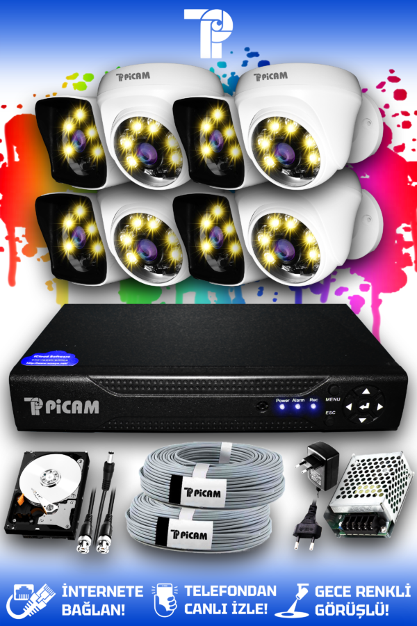 8 Kameralı Kare 4 İç Kamera Set 320 GB HDD Full HD Renkli Gece Görüşlü Güvenlik Kamerası Sistemi