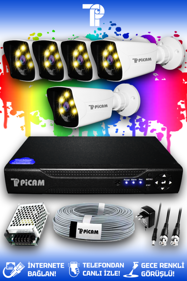 5 Kameralı Kare 5 Dış Kamera Set HDD'siz Full HD Renkli Gece Görüşlü Güvenlik Kamerası Sistemi