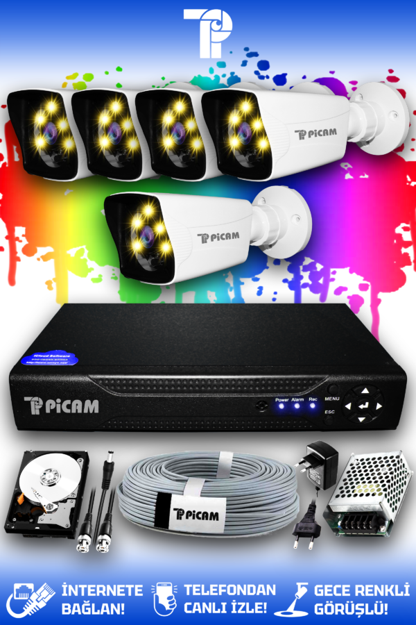 5 Kameralı Kare 5 Dış Kamera Set 1 TB HDD Full HD Renkli Gece Görüşlü Güvenlik Kamerası Sistemi