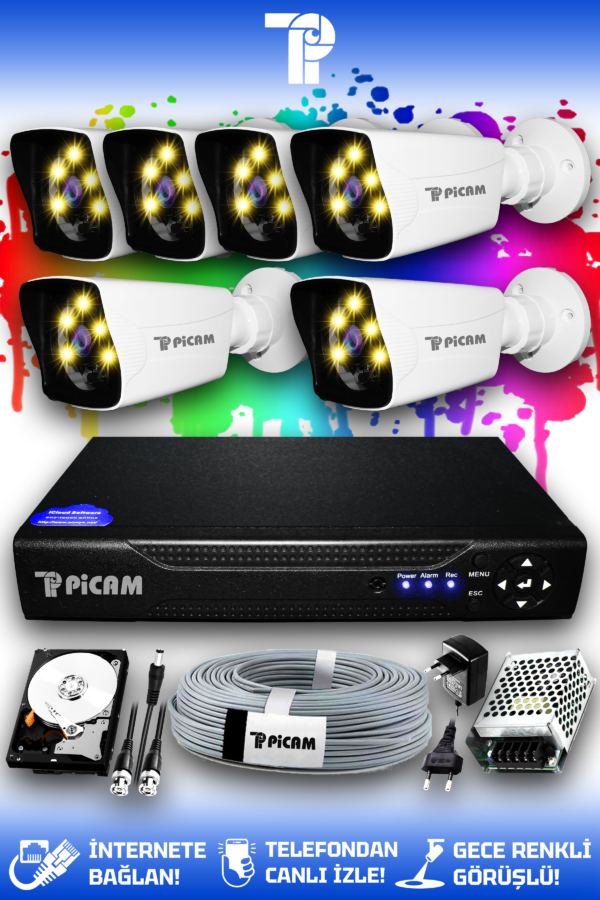 6 Kameralı Kare 6 Dış Kamera Set 500 GB HDD Full HD Renkli Gece Görüşlü Güvenlik Kamerası Sistemi