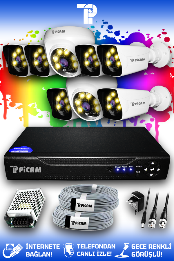 8 Kameralı Kare 2 İç Kamera Set HDD'siz Full HD Renkli Gece Görüşlü Güvenlik Kamerası Sistemi