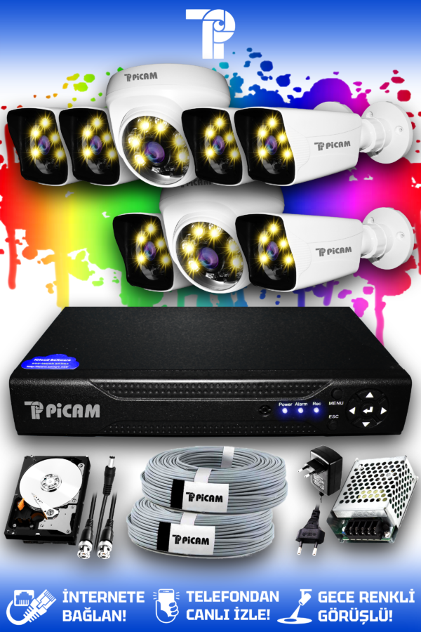 8 Kameralı Kare 2 İç Kamera Set 2 TB HDD Full HD Renkli Gece Görüşlü Güvenlik Kamerası Sistemi