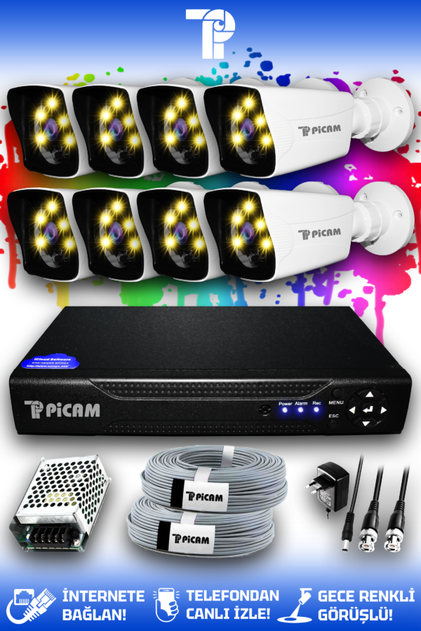 8 Kameralı Kare 8 Dış Kamera Set HDD'siz Full HD Renkli Gece Görüşlü Güvenlik Kamerası Sistemi