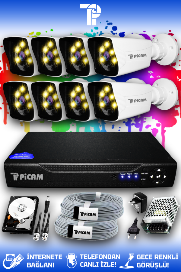 8 Kameralı Kare 8 Dış Kamera Set 2 TB HDD Full HD Renkli Gece Görüşlü Güvenlik Kamerası Sistemi