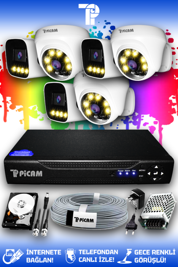 6 Kameralı Zebra 3 İç Kamera Set 1 TB HDD Full HD Renkli Gece Görüşlü Güvenlik Kamerası Sistemi