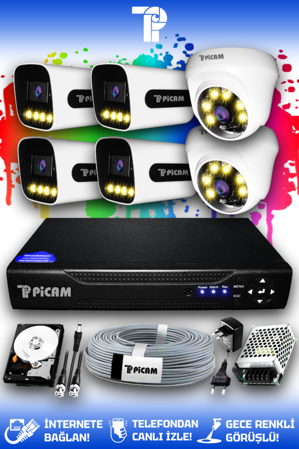6 Kameralı Zebra 2 İç Kamera Set 1 TB HDD Full HD Renkli Gece Görüşlü Güvenlik Kamerası Sistemi