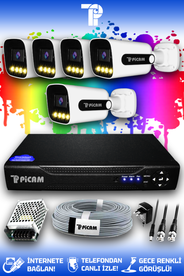 5 Kameralı Zebra 5 Dış Kamera Set HDD'siz Full HD Renkli Gece Görüşlü Güvenlik Kamerası Sistemi
