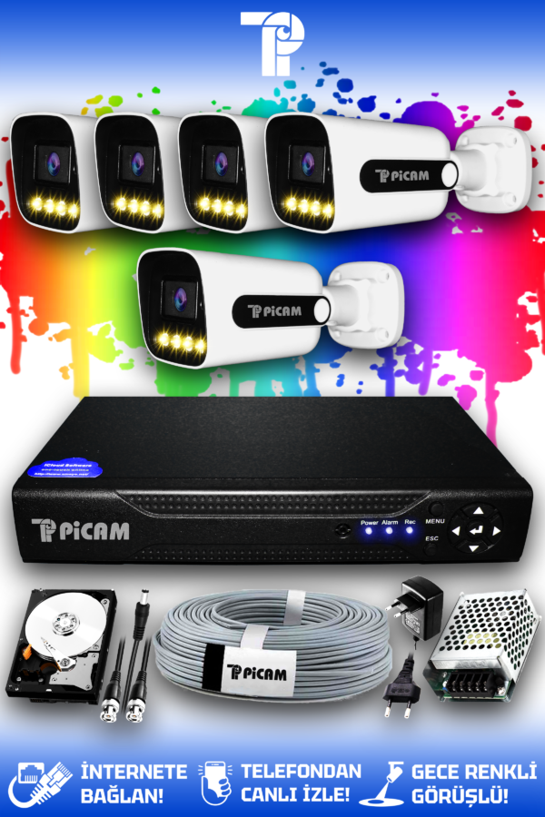 5 Kameralı Zebra 5 Dış Kamera Set 2 TB HDD Full HD Renkli Gece Görüşlü Güvenlik Kamerası Sistemi