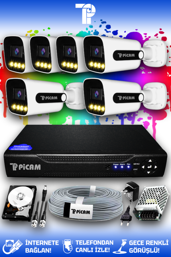 6 Kameralı Zebra 6 Dış Kamera Set 320 GB HDD Full HD Renkli Gece Görüşlü Güvenlik Kamerası Sistemi