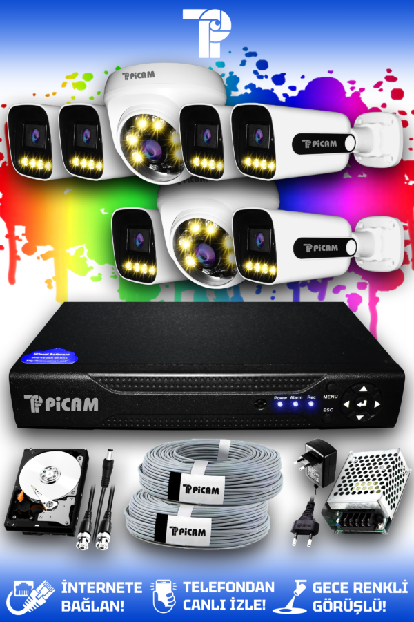 8 Kameralı Zebra 2 İç Kamera Set 2 TB HDD Full HD Renkli Gece Görüşlü Güvenlik Kamerası Sistemi